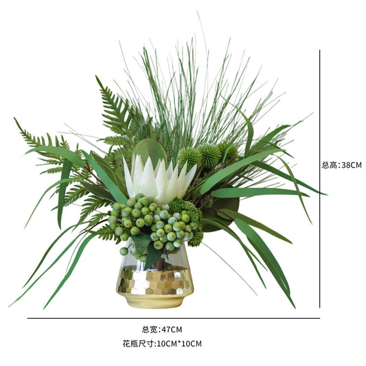 Tropical Greenery Floral Arrangement | White King Protea & Gold Glass Vase
