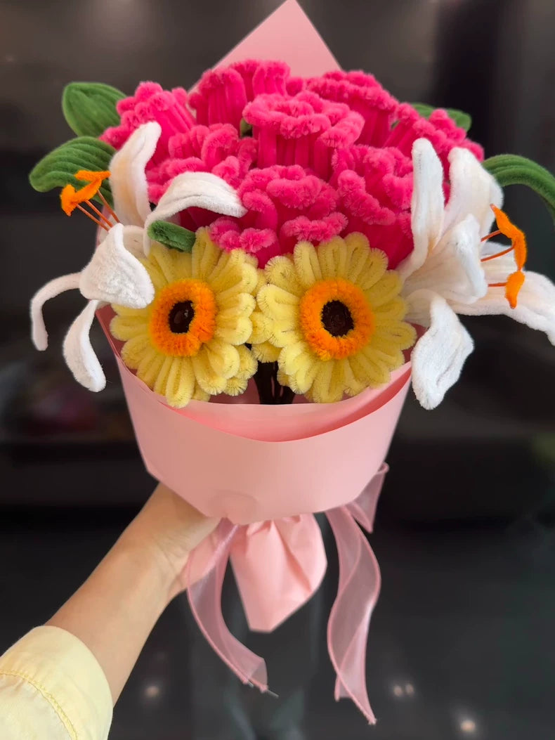 Handmade Nohara Mimae-Inspired Pipe Cleaner Bouquet | Zinnia Lily & Rose | Hot Pink & Yellow Chenille Wire