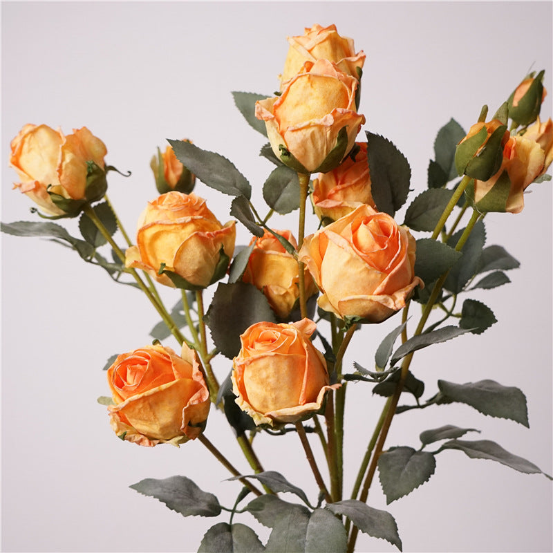 Artificial Angora Roses | Vintage Dry Flower Look | 5-Head 66cm H Sunset Orange