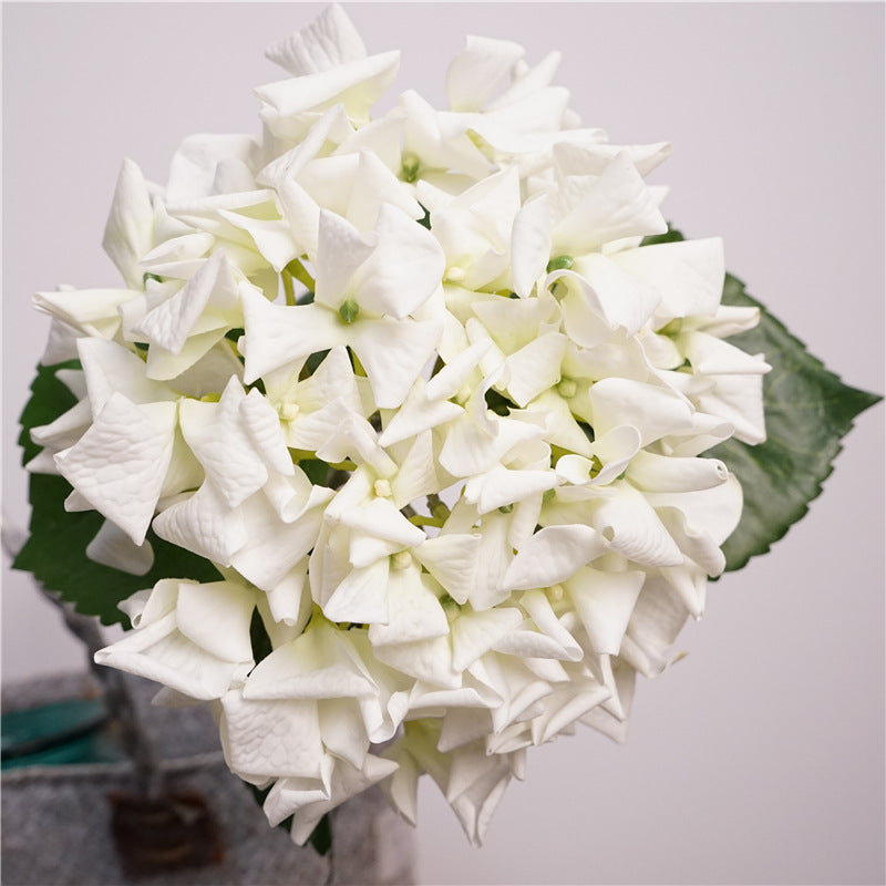 Close up soft-touch fabric petals faux pure white Dutch hydrangea 20cm bloom realistic detail