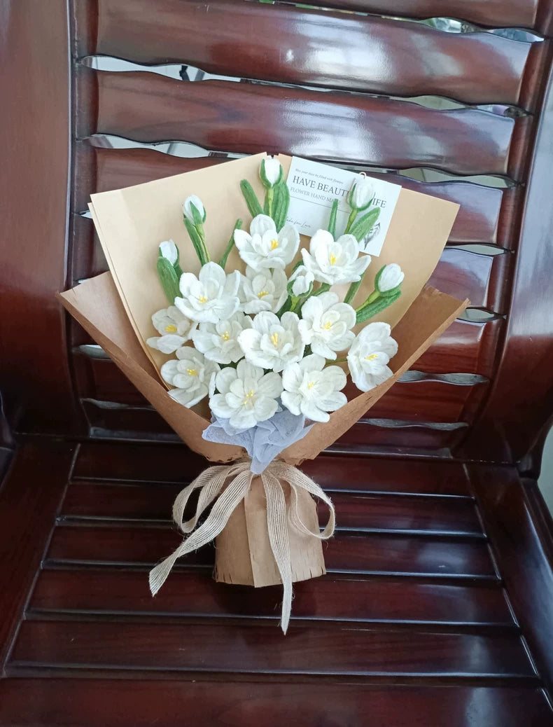 12-Stem Handcrafted White Gardenia Bouquet | DIY Pipe Cleaner Flowers with Kraft Paper Gift Wrap