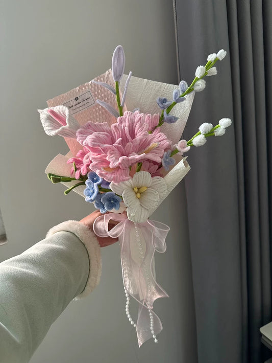 Handmade Pink Iris Bouquet | Iris, Calla Lily & Tulip | Chenille Wire Soft Floral Gift