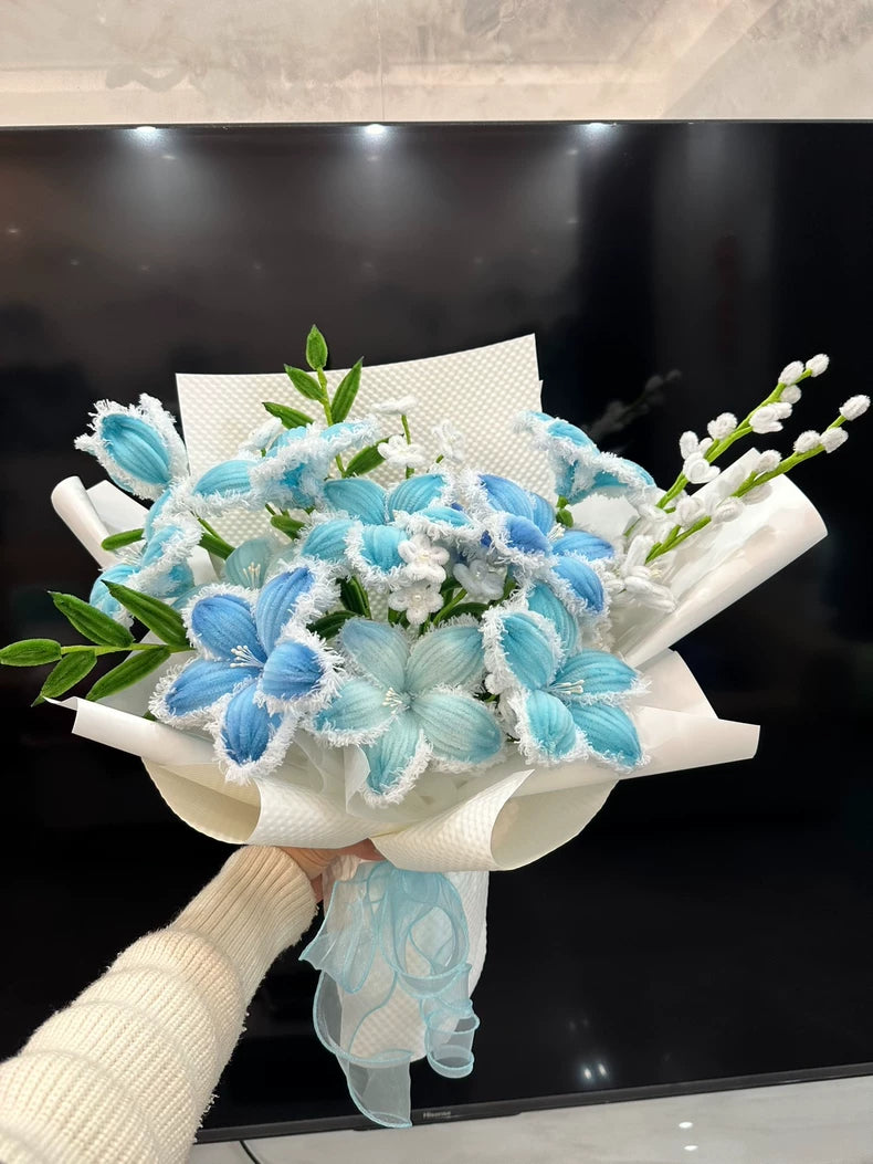Handmade Blue Fringe Tulip Bouquet | 9 Blooms | Chenille Wire Faux Floral Gift