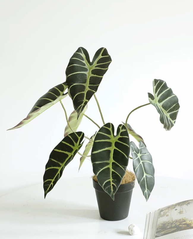 Artificial alocasia plant pot forest green faux elephant ear 40cm tropical home decor