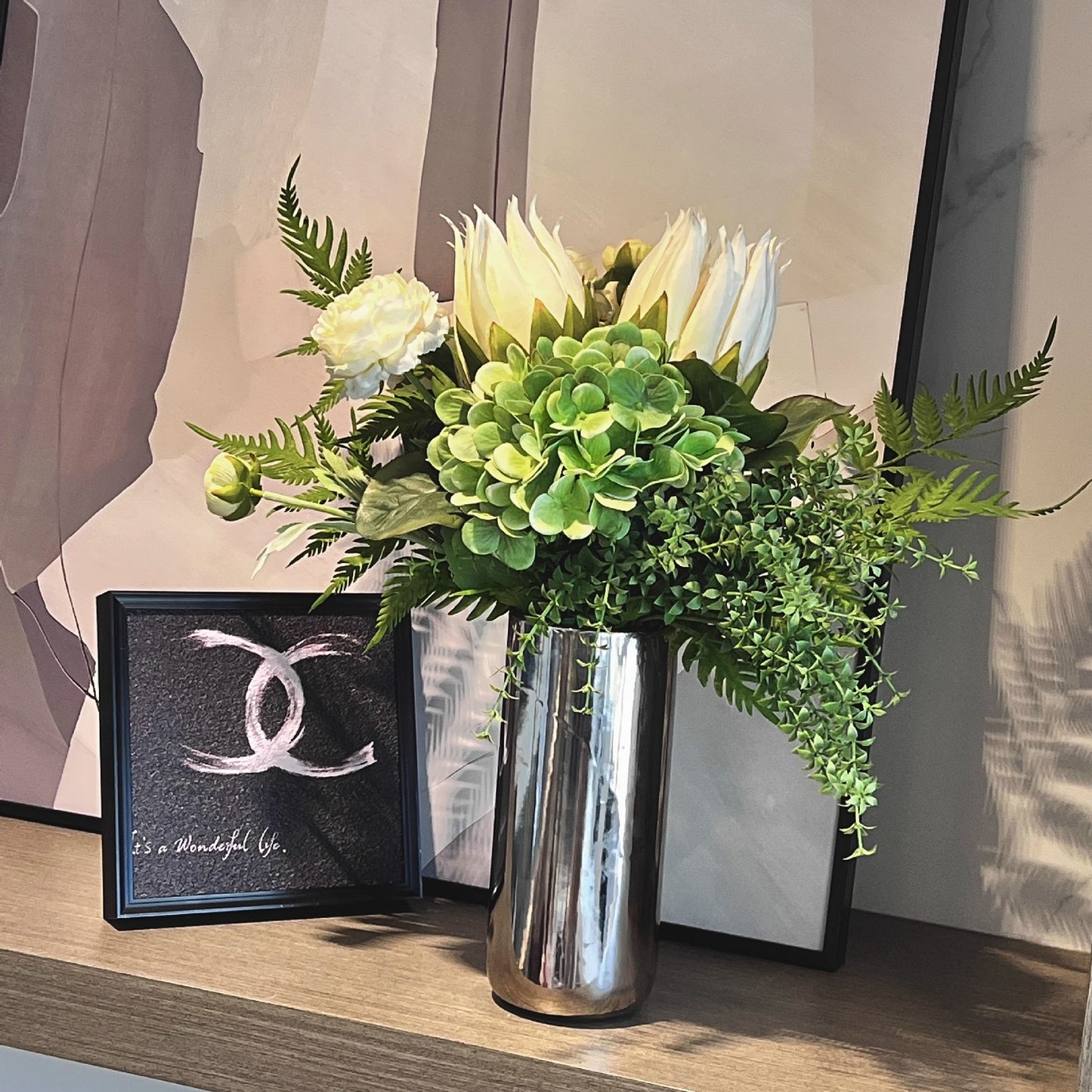 Realistic King Protea & Hydrangea Artificial Flower Bouquet | 16"×18" Silk Flowers, No Vase