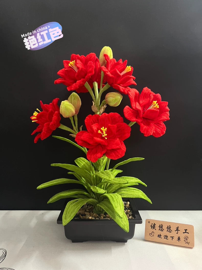 Handmade Amaryllis Bonsai | Chenille Wire Potted Faux Floral | Red Pipe Cleaner Desktop Décor