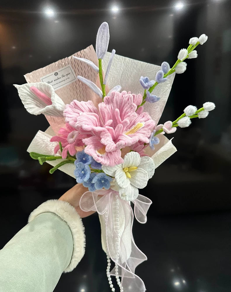 Handmade Pink Iris Bouquet | Iris, Calla Lily & Tulip | Chenille Wire Soft Floral Gift