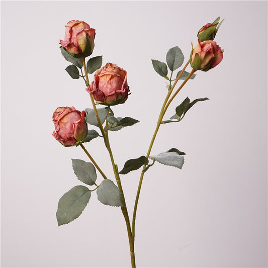 Artificial Angora Roses | Vintage Dry Flower Look | 5-Head 66cm H Deep Pink