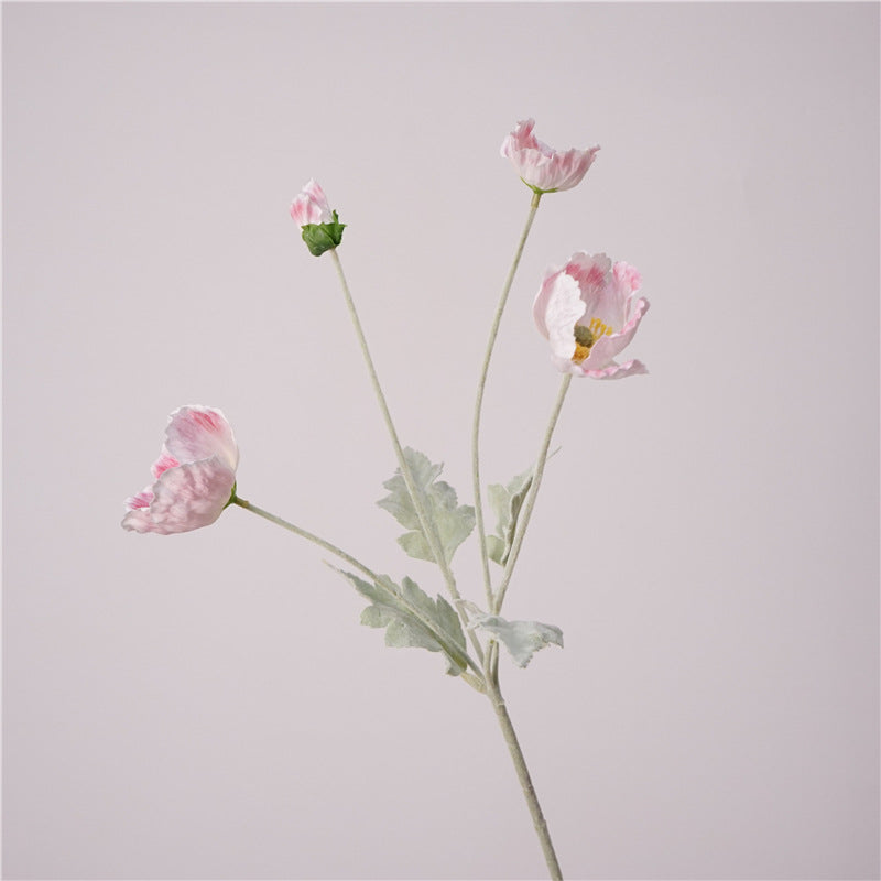 Artificial blush pink poppy stem faux real-touch poppy spray 4 blooms 64cm