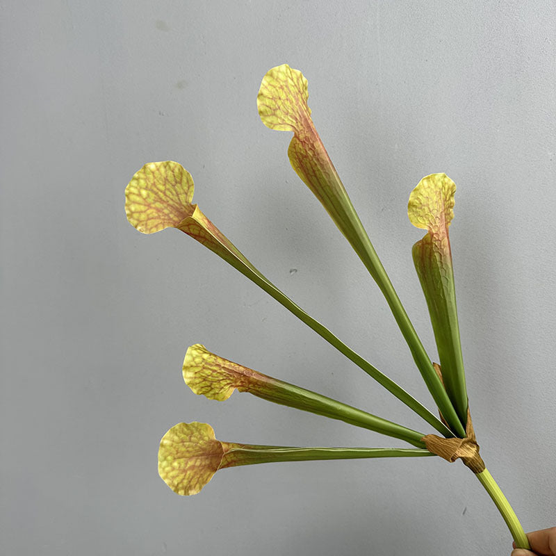 Artificial golden yellow pitcher plant stem 5 pitcher faux sarracenia 44cm