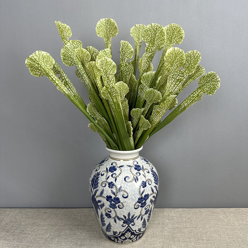 Five faux ivory green sarracenia pitcher plant stems grouped vase botanical arrangement