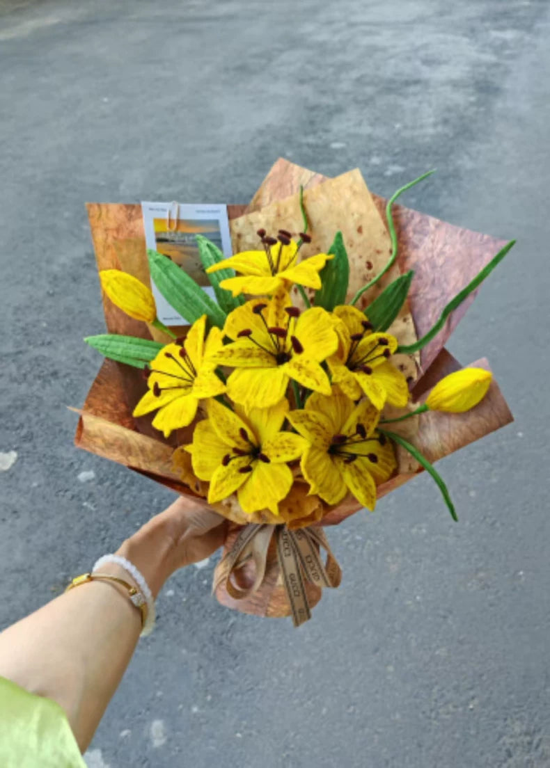 Handmade Alstroemeria Pipe Cleaner Bouquet | 6 Yellow Blooms | Chenille Wire Faux Floral Gift