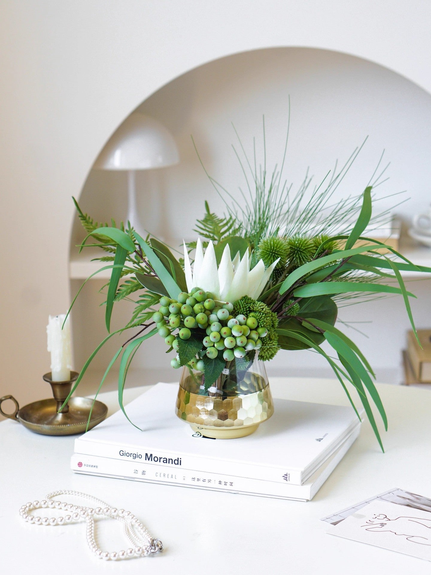 Tropical Greenery Floral Arrangement | White King Protea & Gold Glass Vase