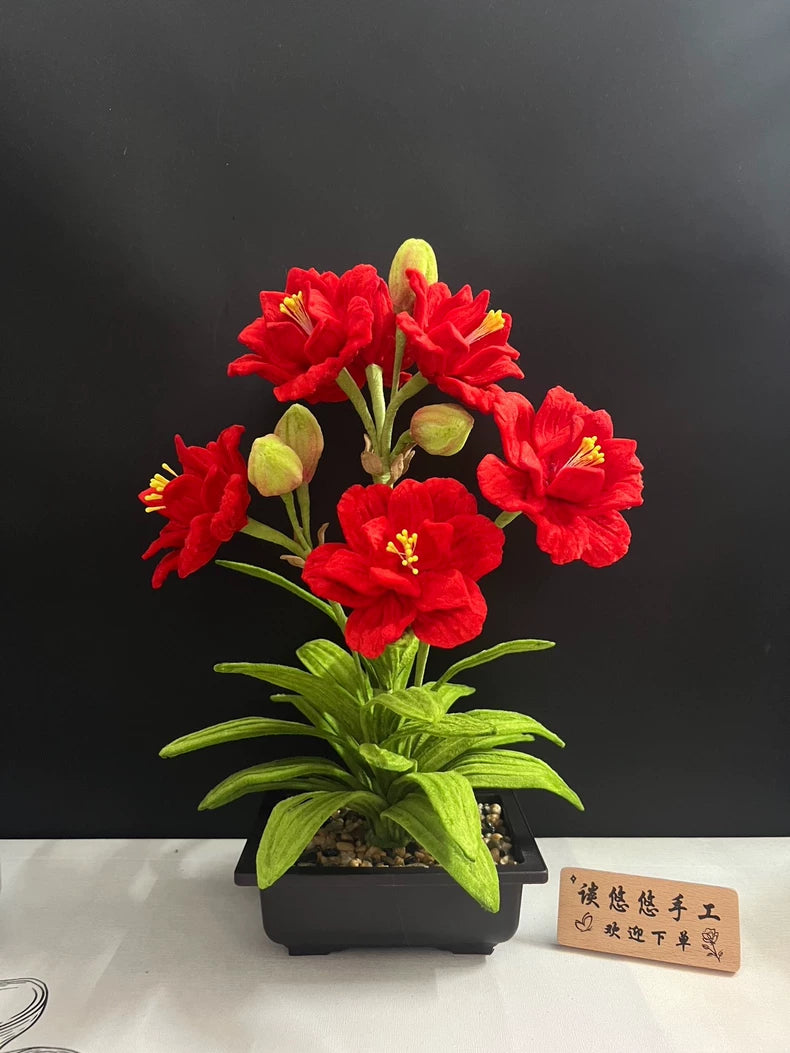 Handmade Amaryllis Bonsai | Chenille Wire Potted Faux Floral | Red Pipe Cleaner Desktop Décor