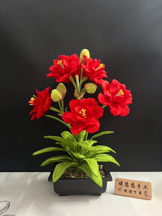 Handmade Amaryllis Bonsai | Chenille Wire Potted Faux Floral | Red Pipe Cleaner Desktop Décor