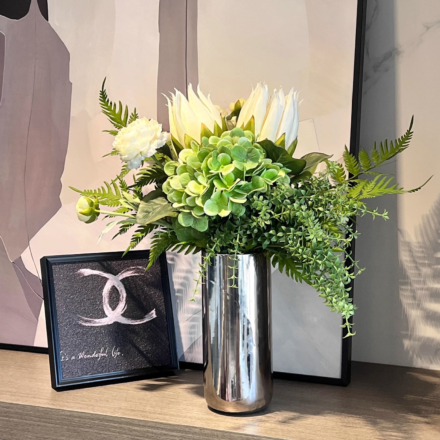 Realistic King Protea & Hydrangea Artificial Flower Bouquet | 16"×18" Silk Flowers, No Vase