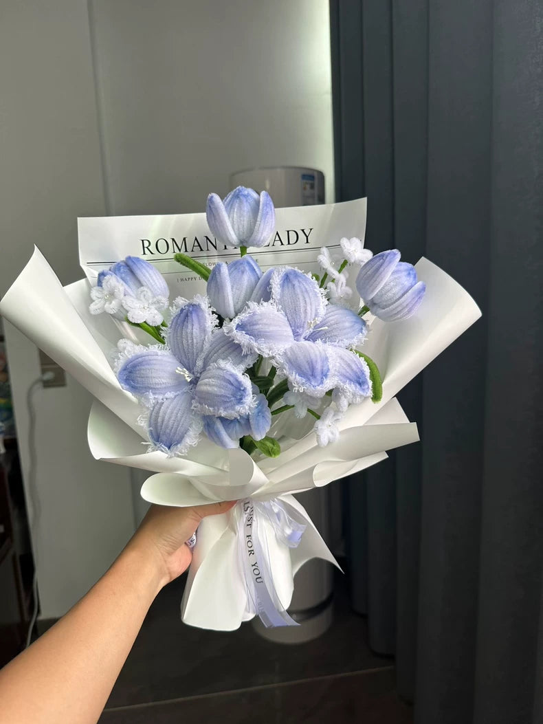 Handmade Blue Lily & Tulip Pipe Cleaner Bouquet | 2 Lilies + 4 Tulips | Chenille Wire Floral Gift