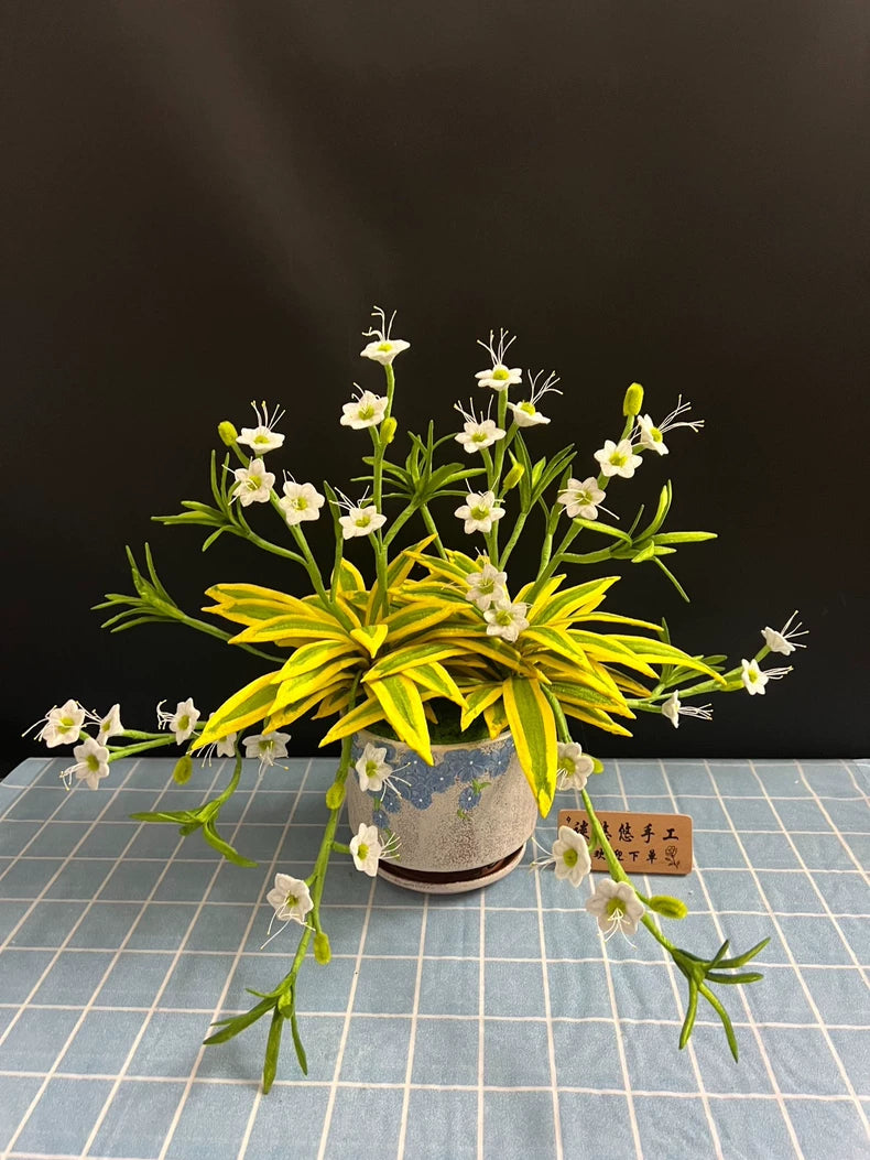 Handmade Spider Plant Bonsai | Chenille Wire Potted Faux Plant | Gold-Edge Chlorophytum Décor