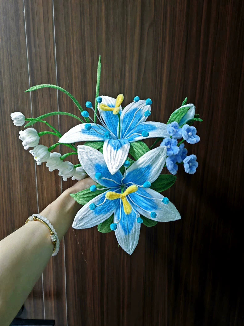 Handmade Silent Princess Bouquet | Zelda-Inspired Pipe Cleaner Flowers | Blue White Lily
