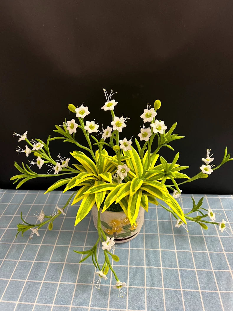 Handmade Spider Plant Bonsai | Chenille Wire Potted Faux Plant | Gold-Edge Chlorophytum Décor