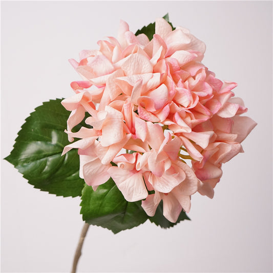 Artificial Dutch Hydrangea with Leaves | 63cm Realistic Soft-Touch Hydrangea Stem | Single Stem Light Pink