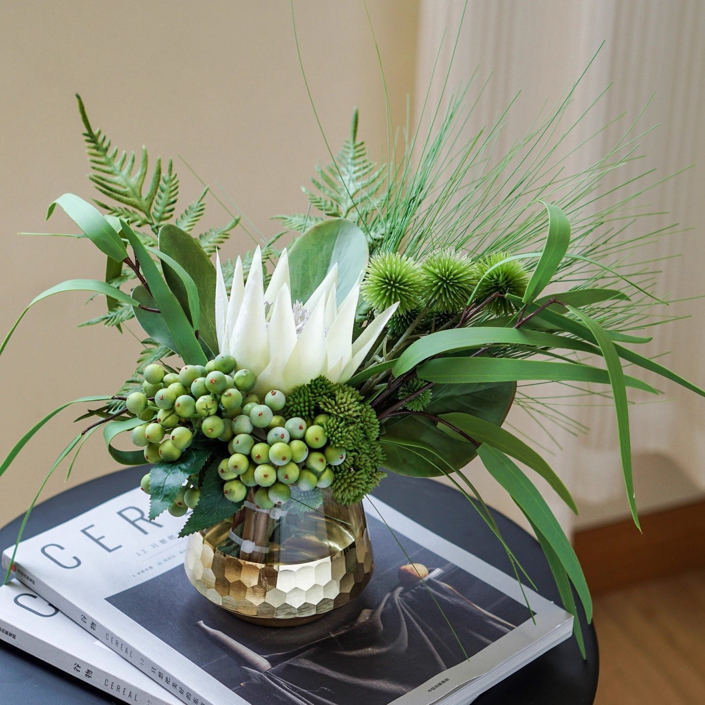 Tropical Greenery Floral Arrangement | White King Protea & Gold Glass Vase