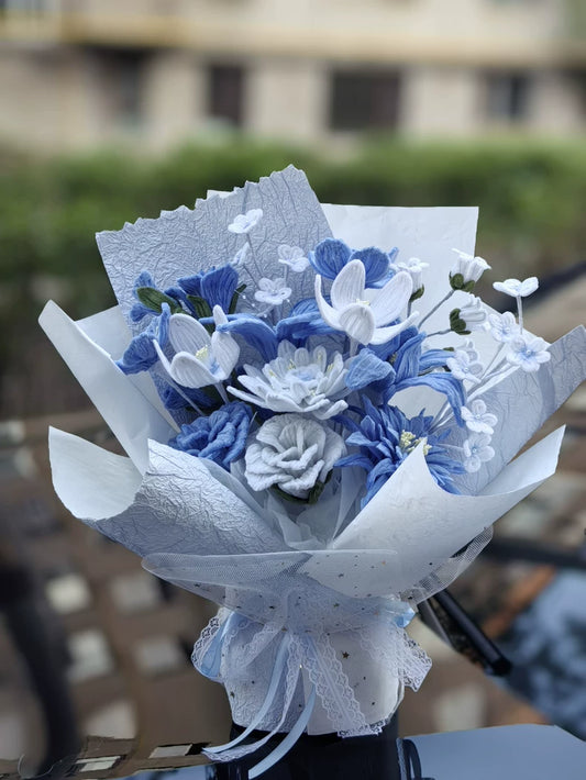 Handmade Blue & White Large Pipe Cleaner Bouquet | 11 Blooms | Graduation & Bridal Gift