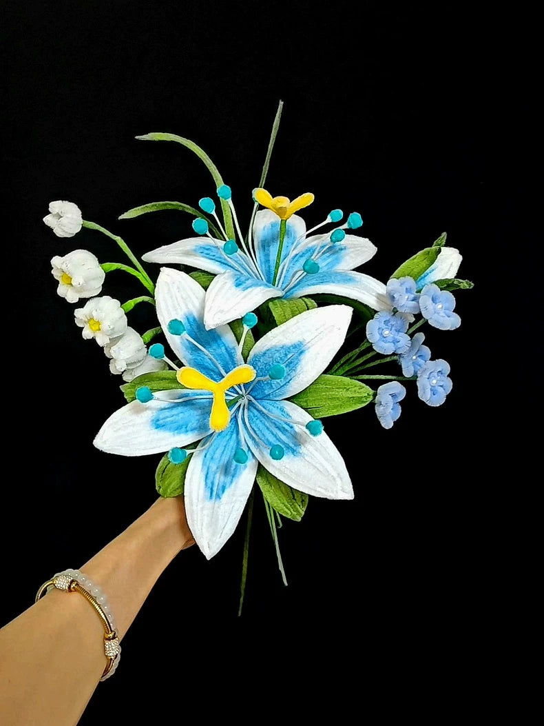 Handmade Silent Princess Bouquet | Zelda-Inspired Pipe Cleaner Flowers | Blue White Lily