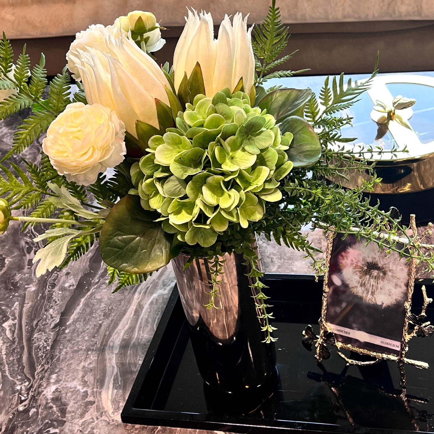 Realistic King Protea & Hydrangea Artificial Flower Bouquet | 16"×18" Silk Flowers, No Vase