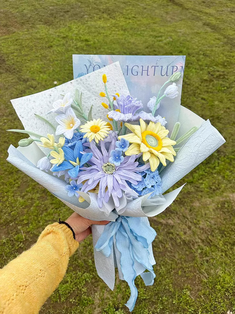 Handmade Blue & Lavender Graduation Bouquet | 6 Blooms | Chenille Wire Wildflower Gift