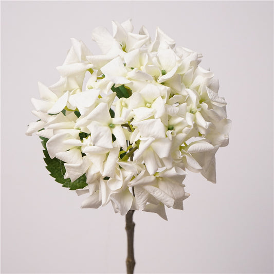Artificial Dutch Hydrangea with Leaves | 63cm Realistic Soft-Touch Hydrangea Stem | Single Stem Pure White