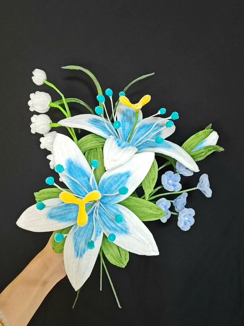 Handmade Silent Princess Bouquet | Zelda-Inspired Pipe Cleaner Flowers | Blue White Lily