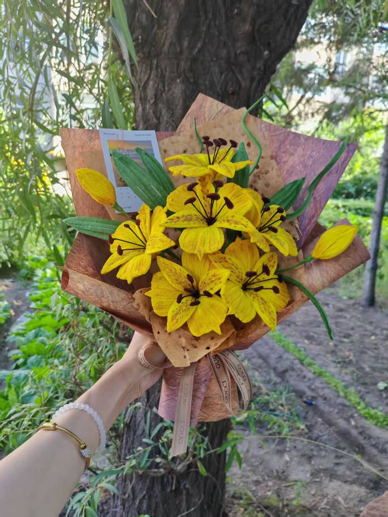 Handmade Alstroemeria Pipe Cleaner Bouquet | 6 Yellow Blooms | Chenille Wire Faux Floral Gift