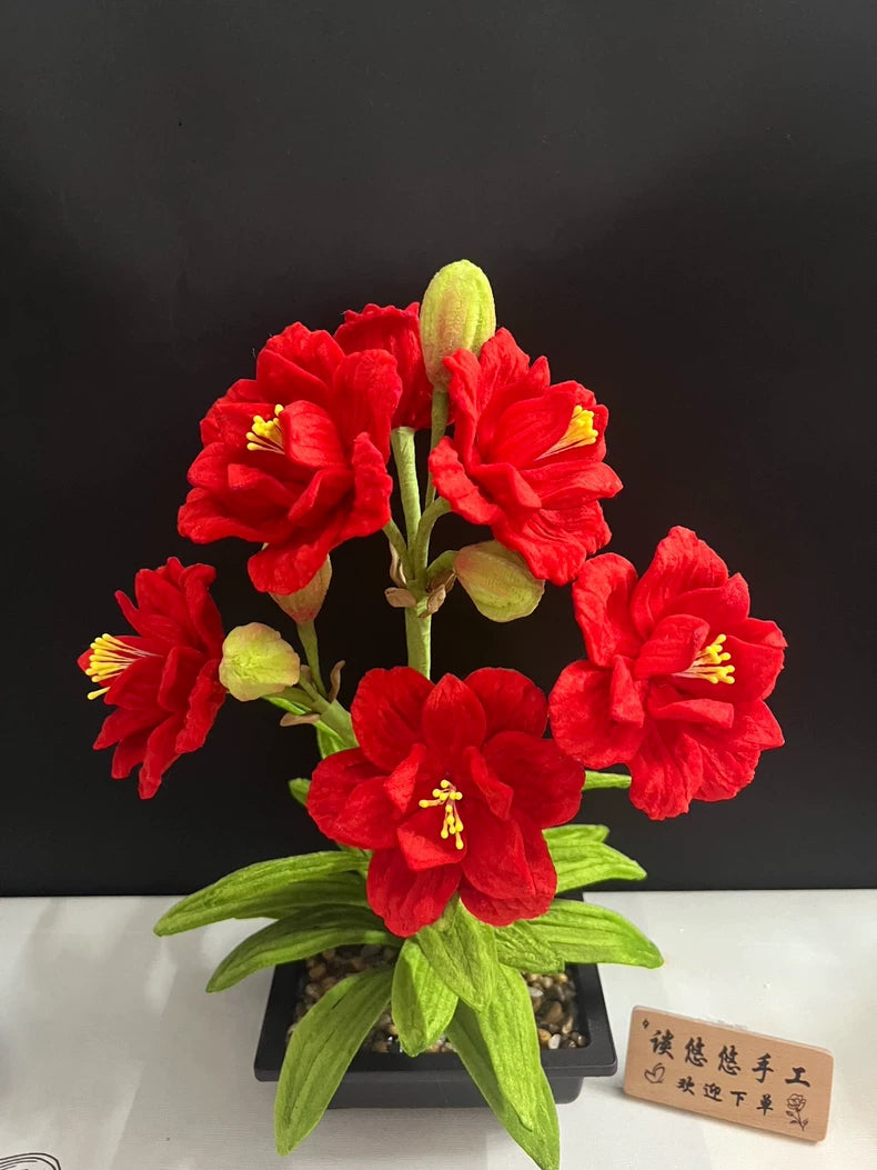 Handmade Amaryllis Bonsai | Chenille Wire Potted Faux Floral | Red Pipe Cleaner Desktop Décor