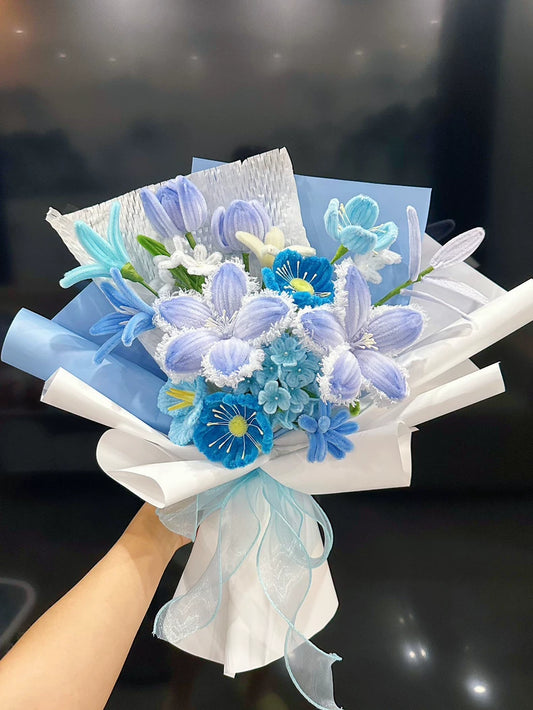 Handmade Blue Mixed Bouquet | Fringe Tulips, Poppies & Tulips | Chenille Wire Floral Gift
