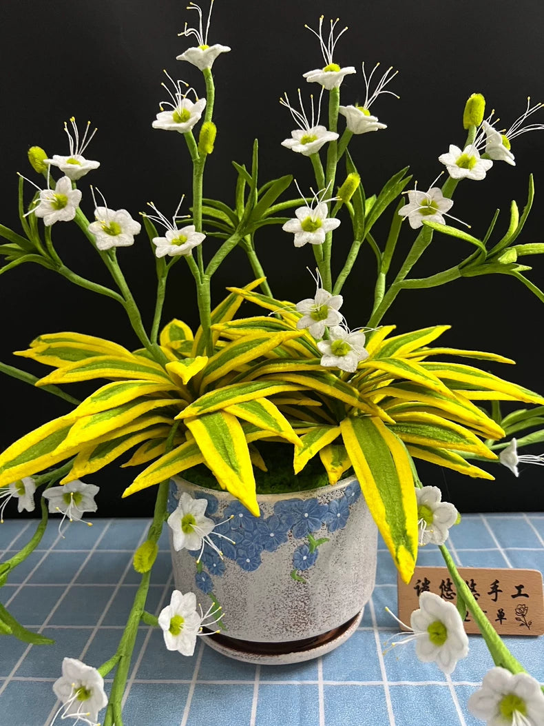 Handmade Spider Plant Bonsai | Chenille Wire Potted Faux Plant | Gold-Edge Chlorophytum Décor