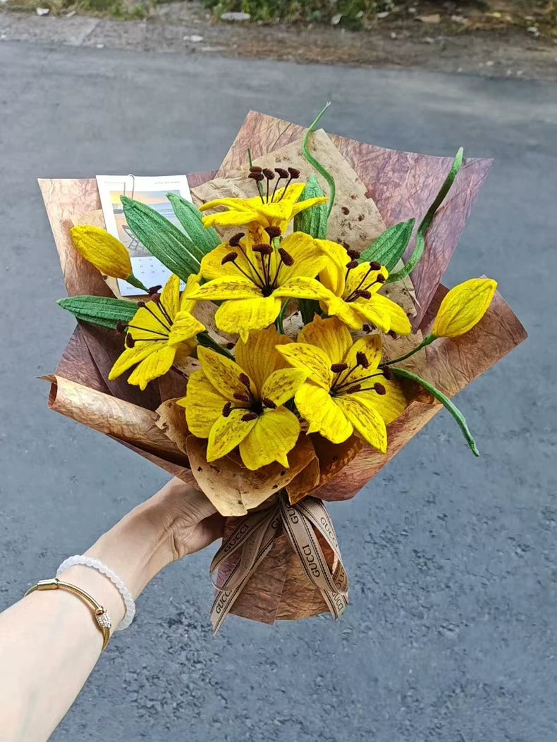 Handmade Alstroemeria Pipe Cleaner Bouquet | 6 Yellow Blooms | Chenille Wire Faux Floral Gift