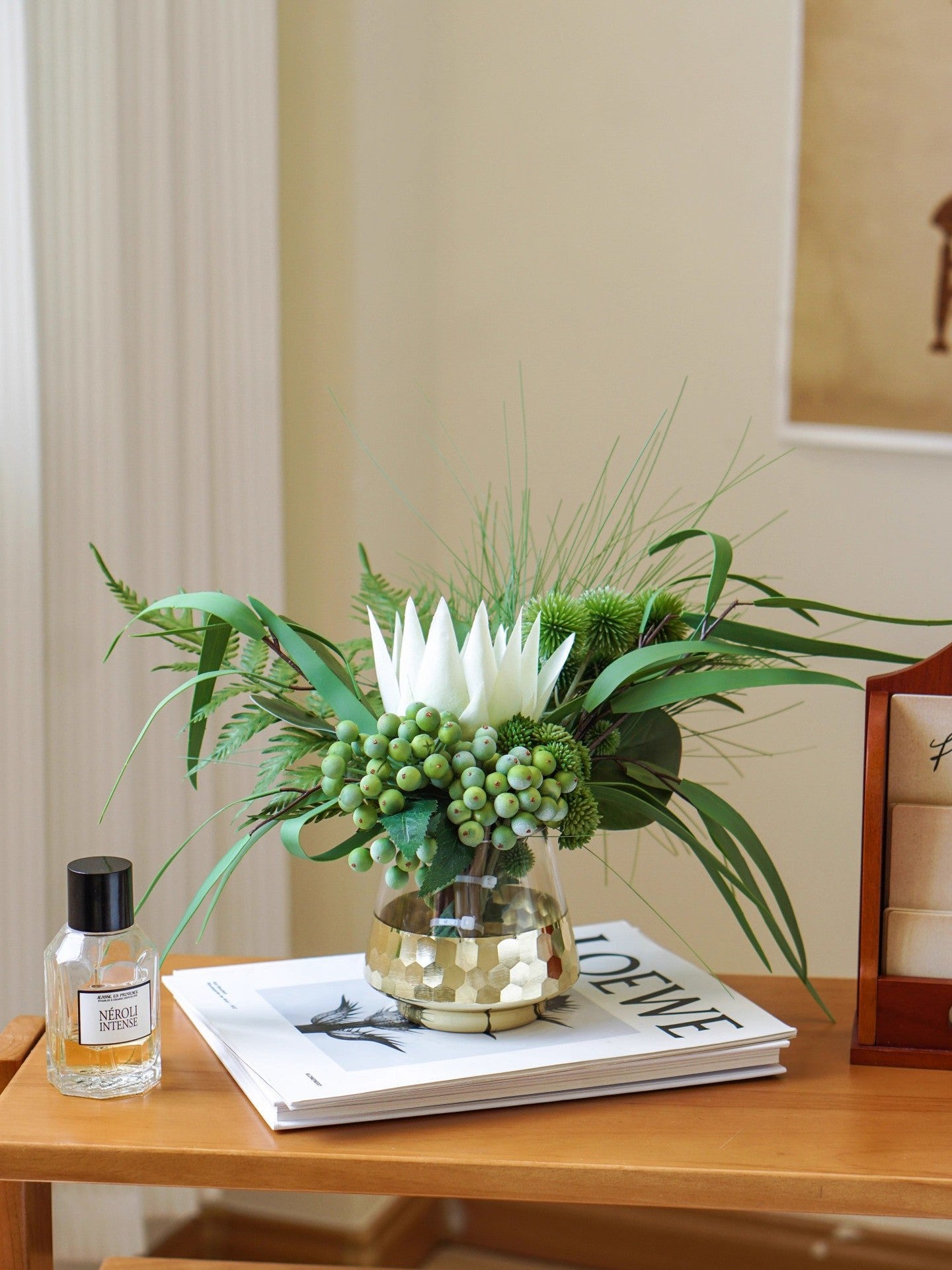 Tropical Greenery Floral Arrangement | White King Protea & Gold Glass Vase