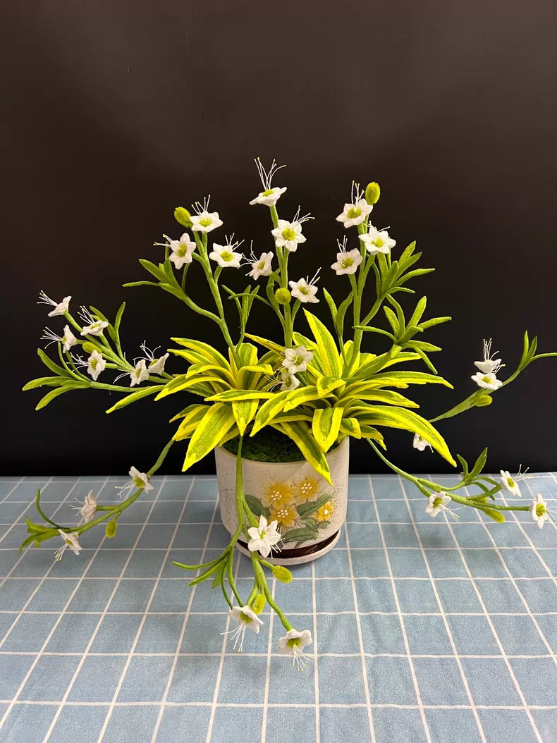 Handmade Spider Plant Bonsai | Chenille Wire Potted Faux Plant | Gold-Edge Chlorophytum Décor