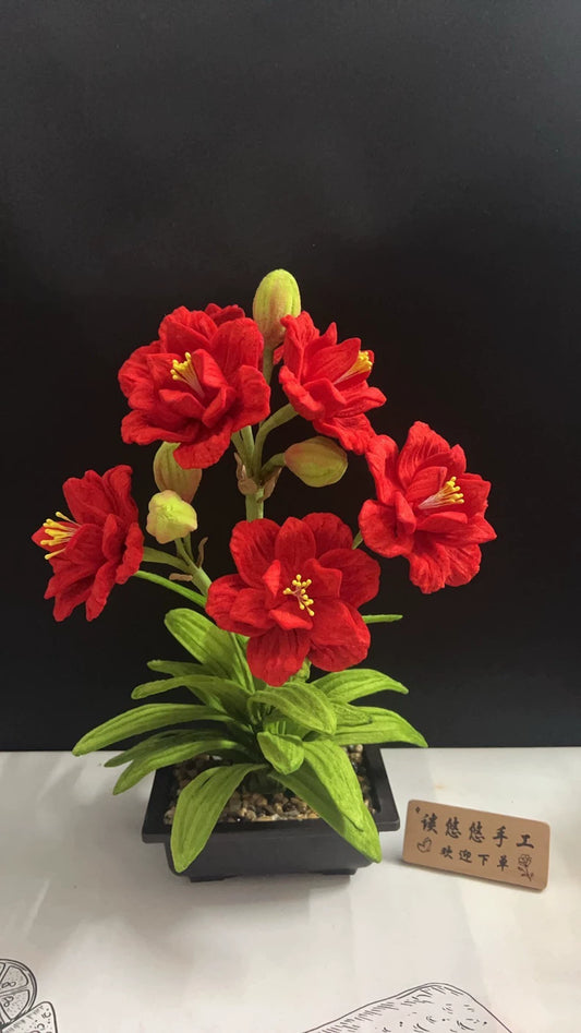 Handmade Amaryllis Bonsai | Chenille Wire Potted Faux Floral | Red Pipe Cleaner Desktop Décor