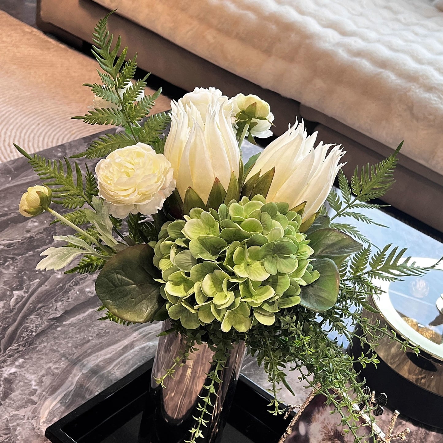 Realistic King Protea & Hydrangea Artificial Flower Bouquet | 16"×18" Silk Flowers, No Vase