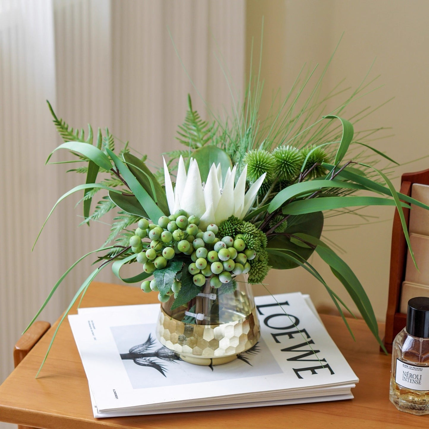 Tropical Greenery Floral Arrangement | White King Protea & Gold Glass Vase