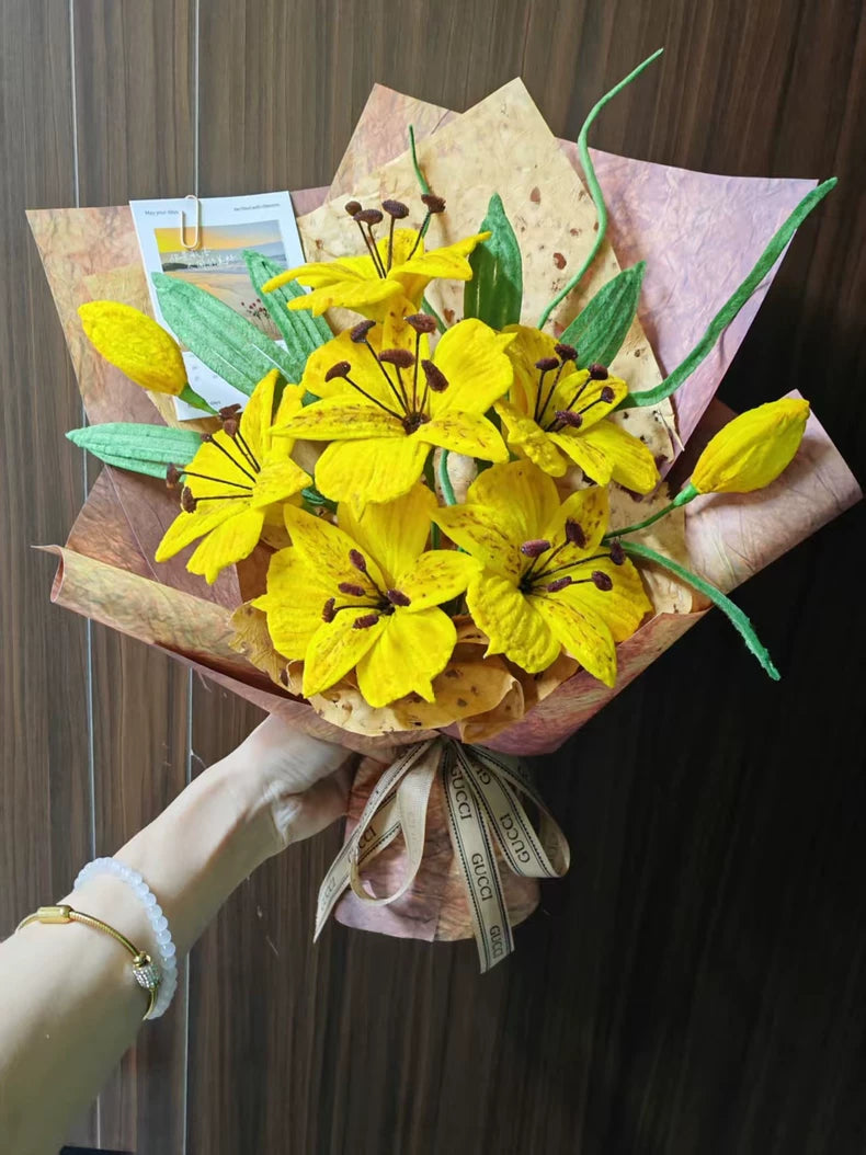 Handmade Alstroemeria Pipe Cleaner Bouquet | 6 Yellow Blooms | Chenille Wire Faux Floral Gift