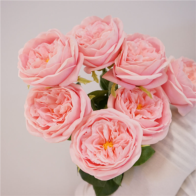 Close up soft-touch fabric petals faux light pink garden rose 10cm ruffled bloom realistic