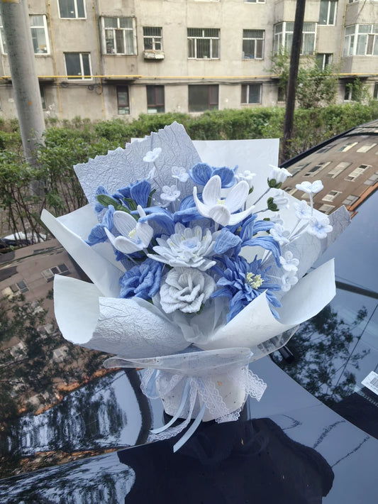 Handmade Blue & White Large Pipe Cleaner Bouquet | 11 Blooms | Graduation & Bridal Gift