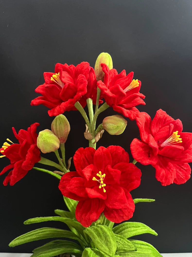Handmade Amaryllis Bonsai | Chenille Wire Potted Faux Floral | Red Pipe Cleaner Desktop Décor