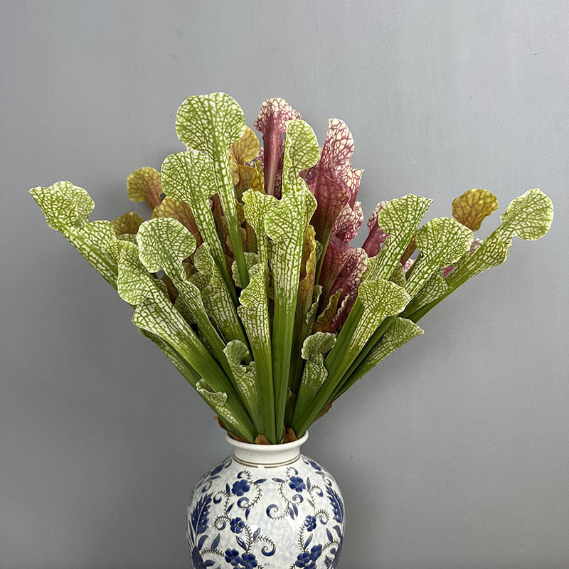 Mixed faux sarracenia pitcher plant bundle 3 ivory green 1 golden yellow 1 wine red stems
