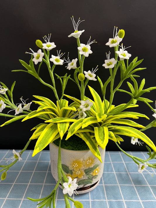 Handmade Spider Plant Bonsai | Chenille Wire Potted Faux Plant | Gold-Edge Chlorophytum Décor