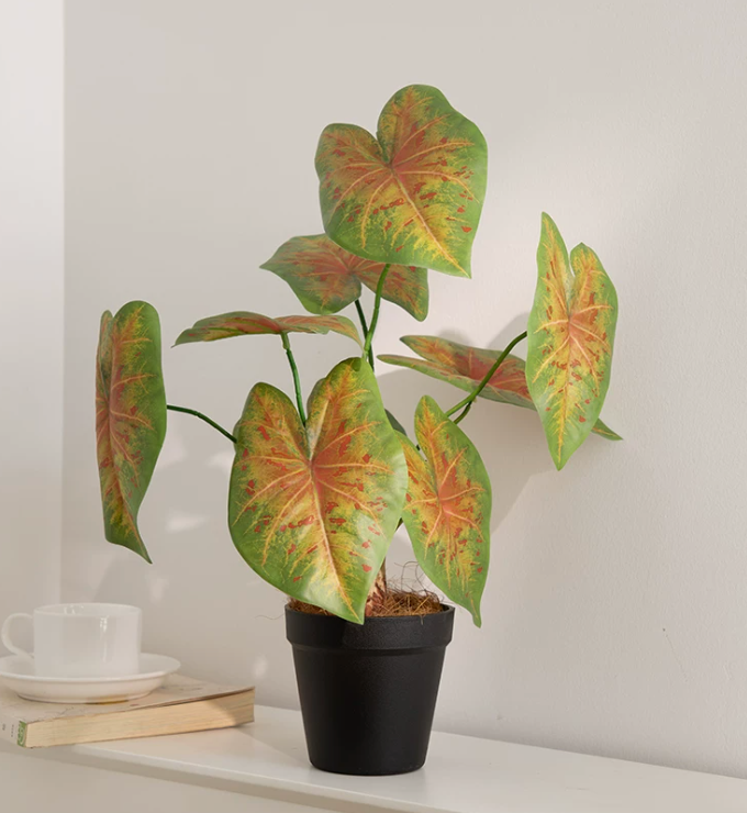Artificial caladium plant pot multicolor faux taro leaf 40cm tropical decor