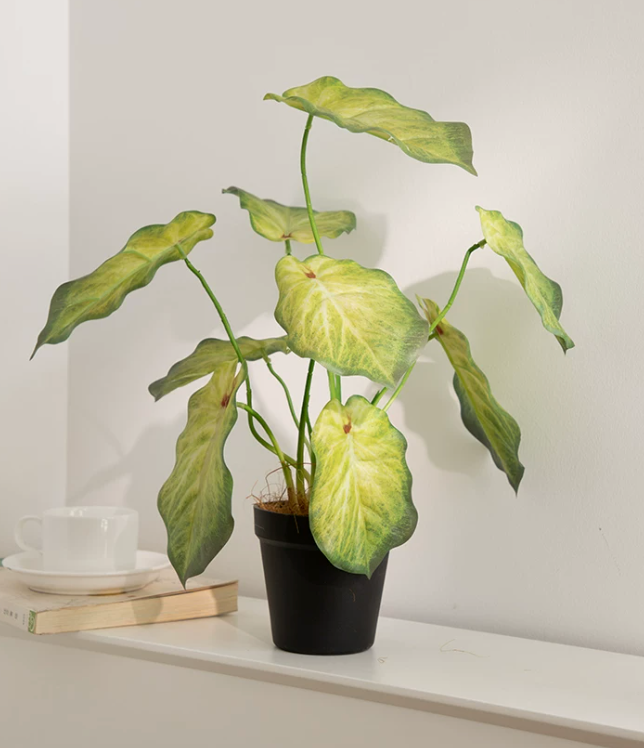 Artificial caladium plant pot lime green faux taro leaf 40cm minimalist decor